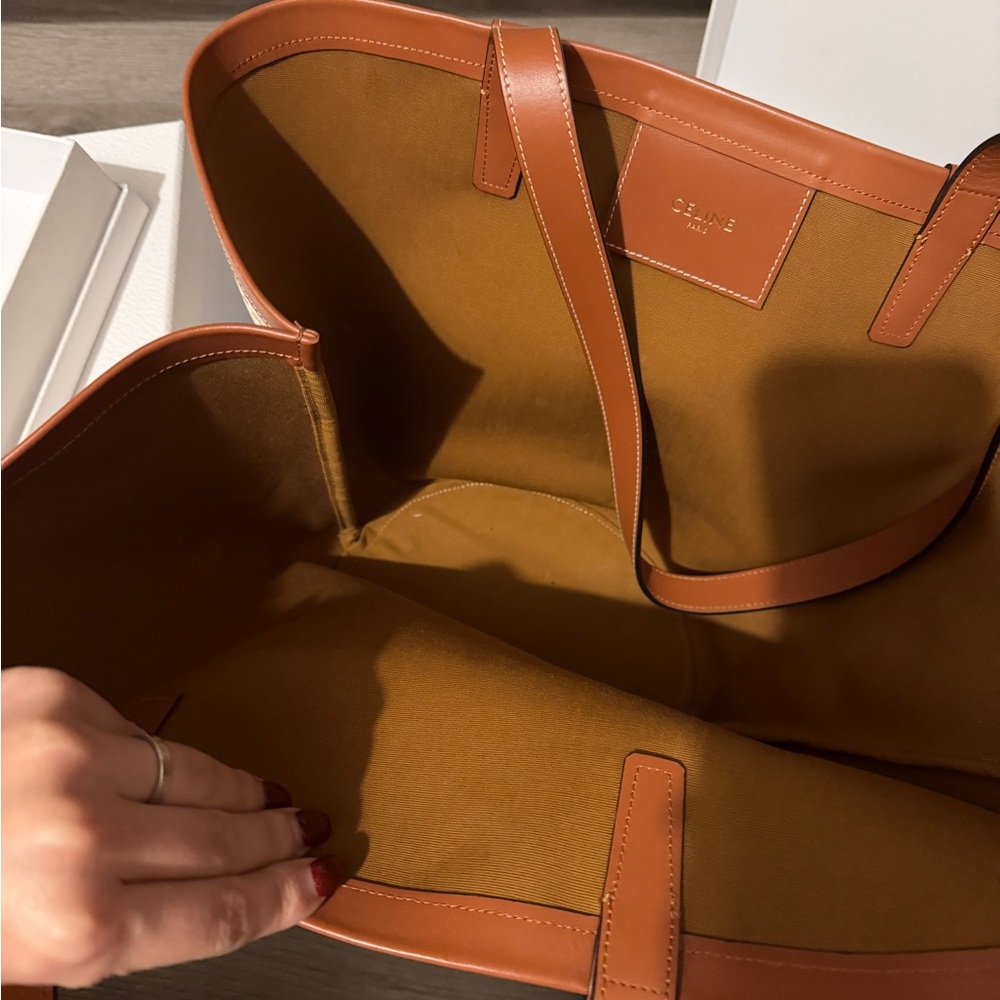 Celine Cream Canvas Tote with Brown Trim and Burgundy Logo Print - Picture 3 of 5